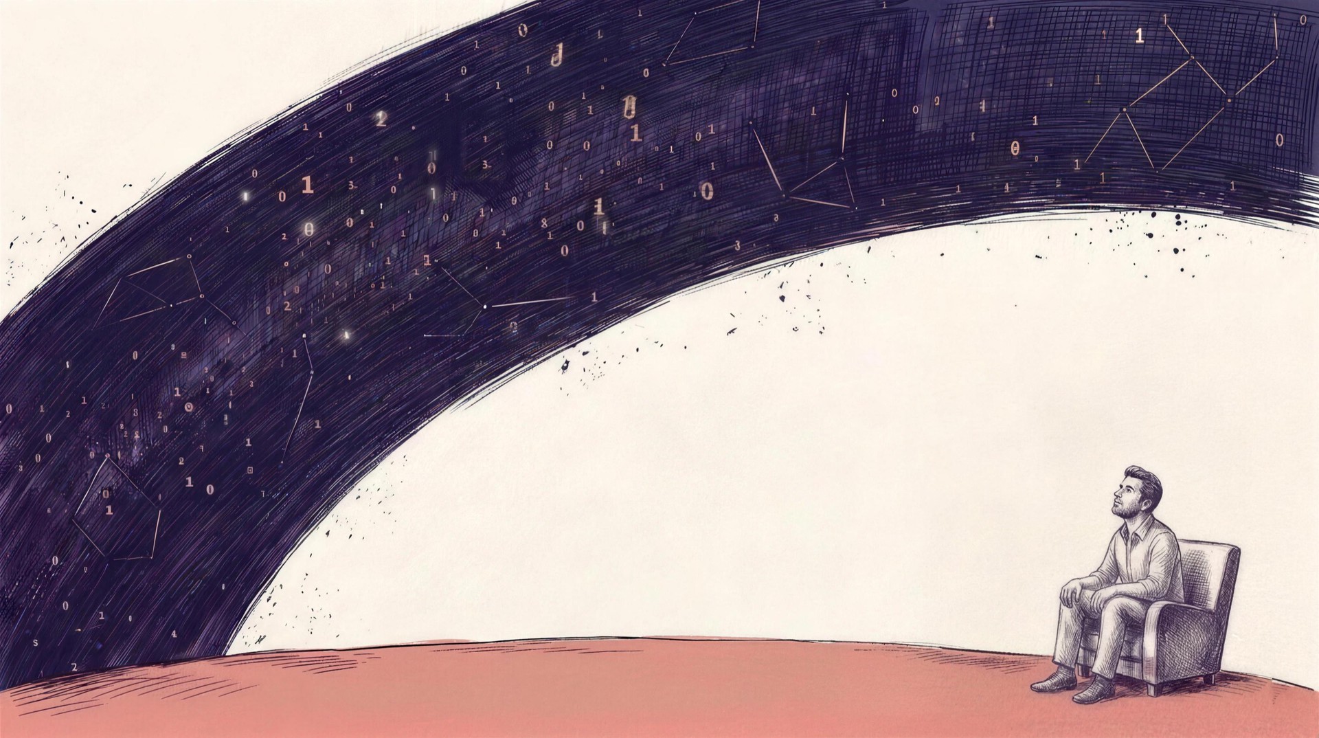 A wide ink drawing: a man sits in an armchair at the lower right, gazing up at a great navy arc of binary stars sweeping across the whole sky.