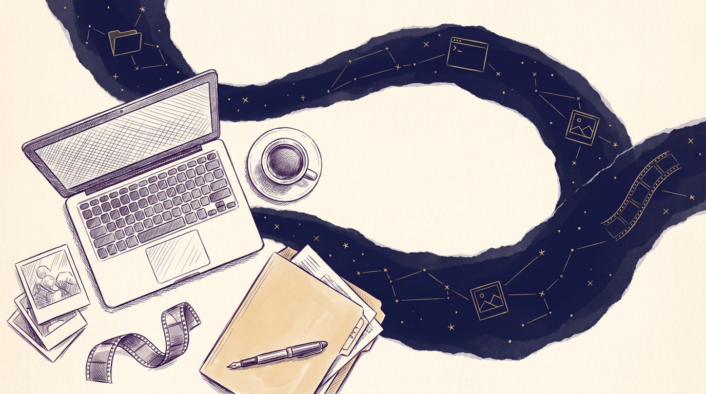 A worktable seen from above — laptop, coffee, folder, photographs, film strip in pen-and-ink crosshatch — with a navy river of stars looping out of the laptop, carrying small gold constellation stations