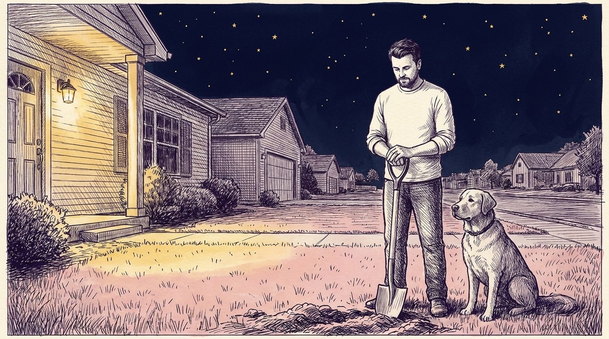 A front yard at night, a shovel in turned earth, a dog nearby under a navy sky of gold stars
