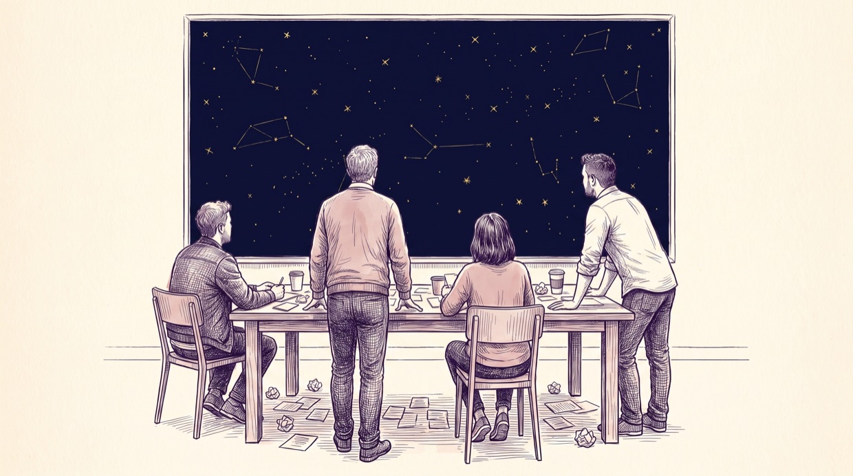 A team seen from behind around a work table scattered with cards and coffee cups, facing a large navy board covered in tiny gold stars joined by thin constellation lines — ideas mapped like a star chart