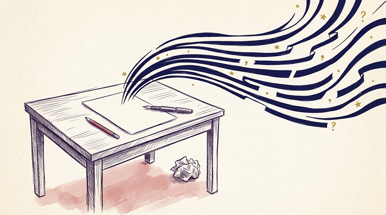 A writing desk in ink with a navy river of long and short ribbon strokes sweeping off the page