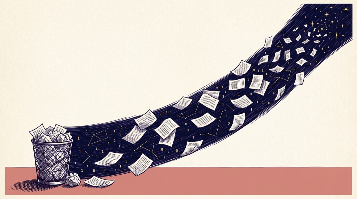 A river of navy night sweeping diagonally from a wastebasket, manuscript pages tumbling in the current and becoming stars