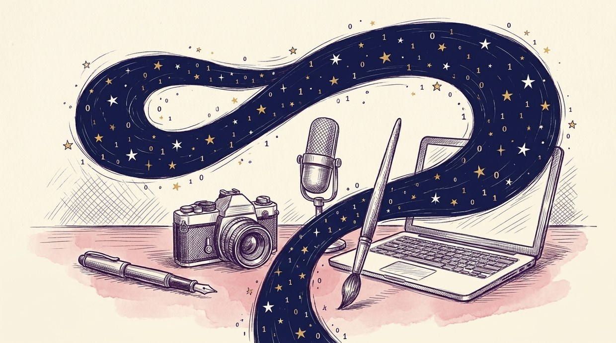 A desk of many tools — pen, camera, microphone, brush, laptop — bound by a navy river of stars