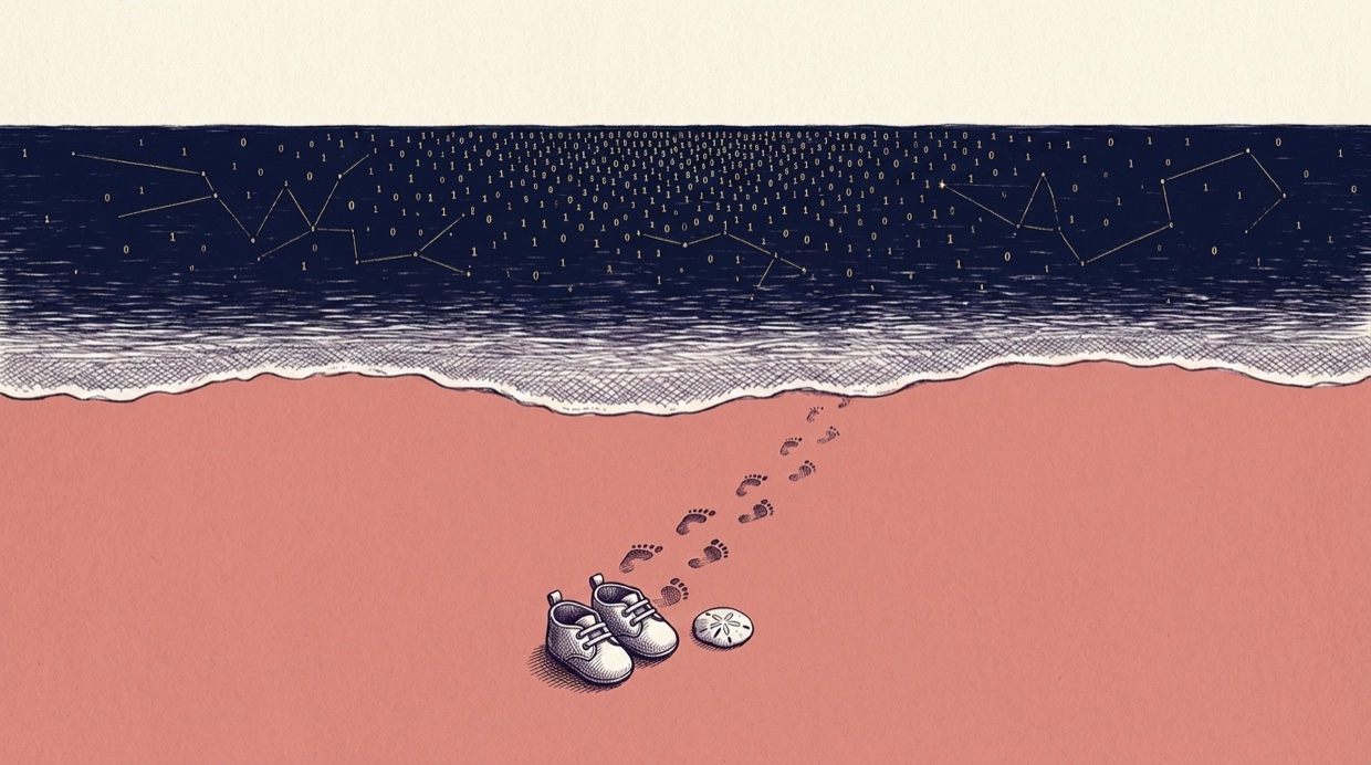 A shoreline where the ocean is the navy night; tiny baby shoes and a sand dollar on the rose sand, footprints leading to the water