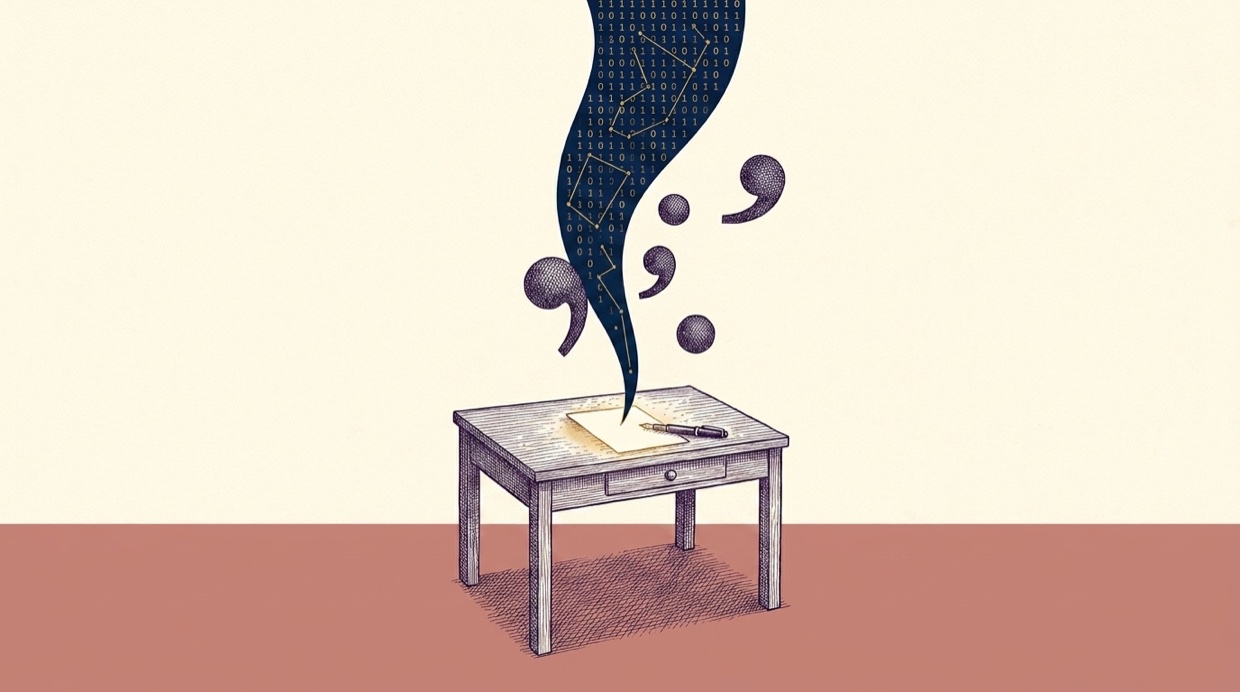 A single glowing page and fountain pen on a desk while oversized punctuation marks drift down like falling leaves