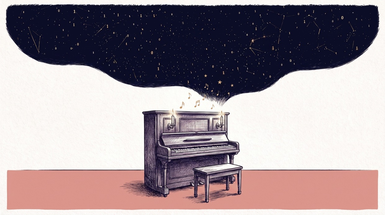 An old upright piano with two lit candles and an empty bench beneath the navy night, faint gold notes rising and becoming stars