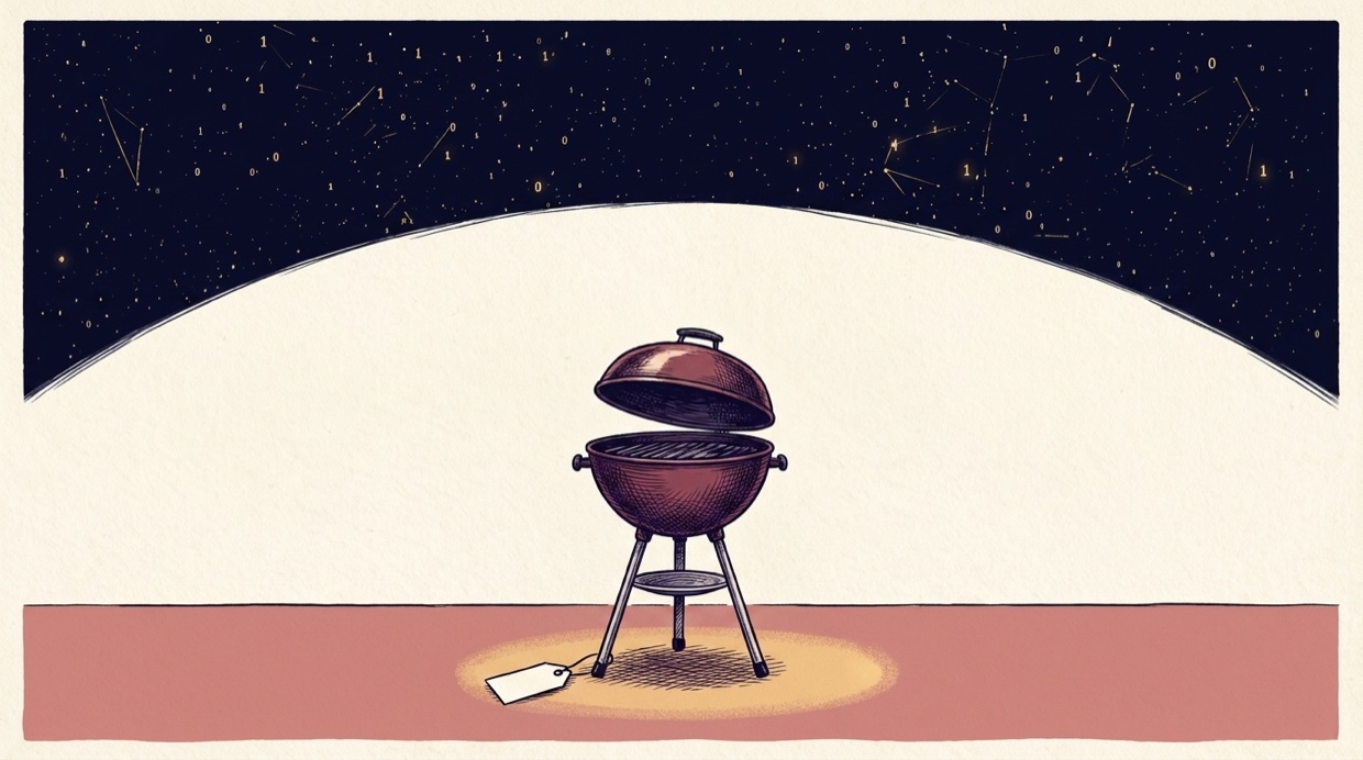 A red kettle grill standing alone in a hardware-store aisle under a pool of warm light, a price tag on the floor beside it