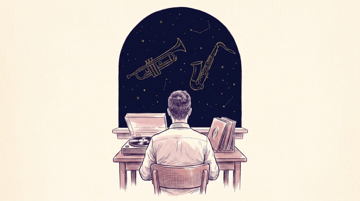 A man seen from behind at a desk with a spinning turntable and leaning record sleeves, beneath an arched navy night sky of gold constellation lines