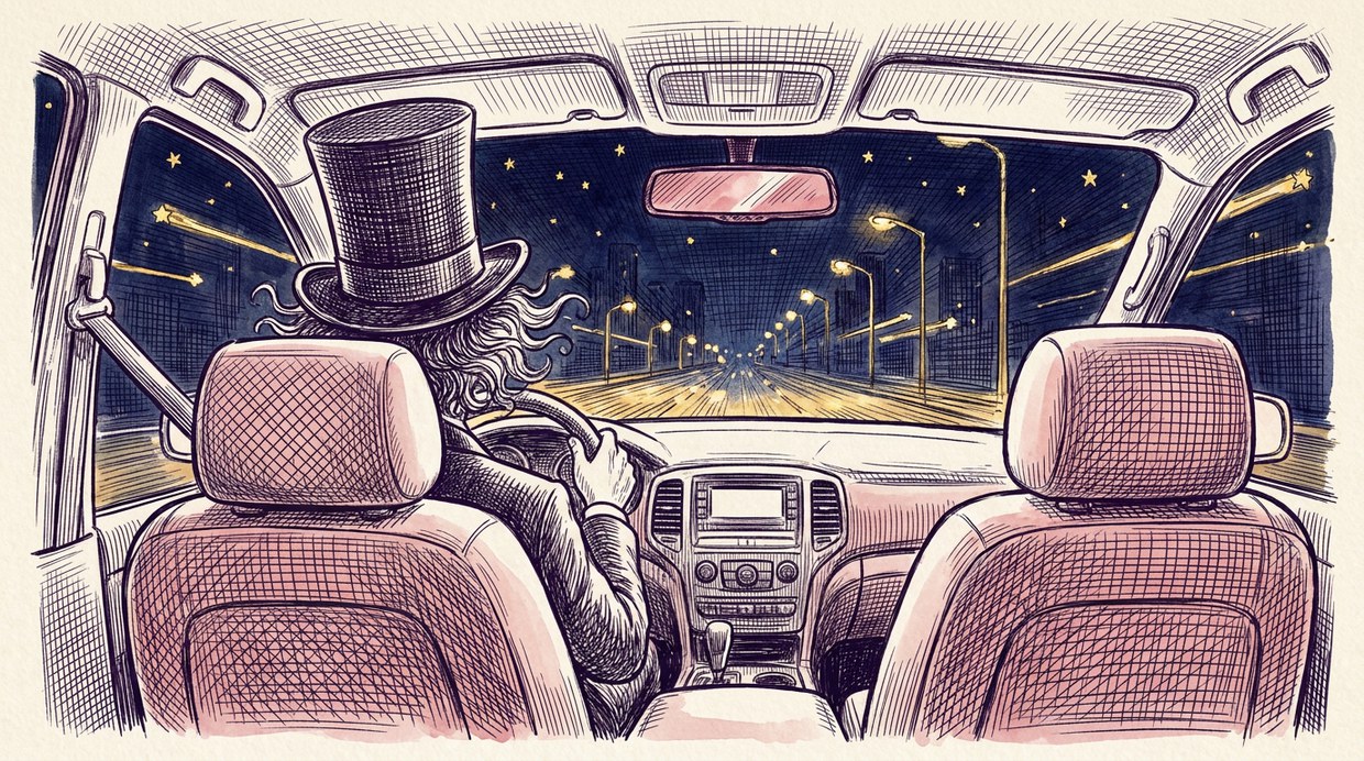 An SUV interior from the back seat, a driver in a stovepipe hat, navy city night through the windshield