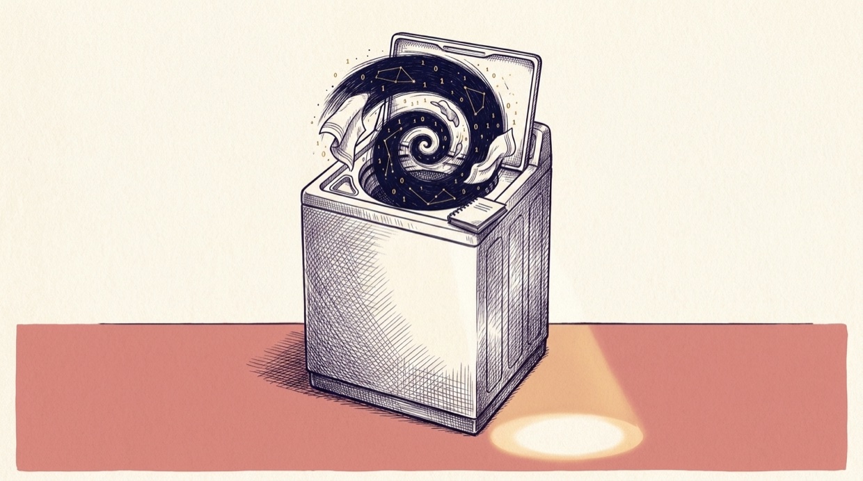 A top-loading washing machine with its lid open, gym towels swirling in navy water, a notebook resting on its edge under a shaft of morning light