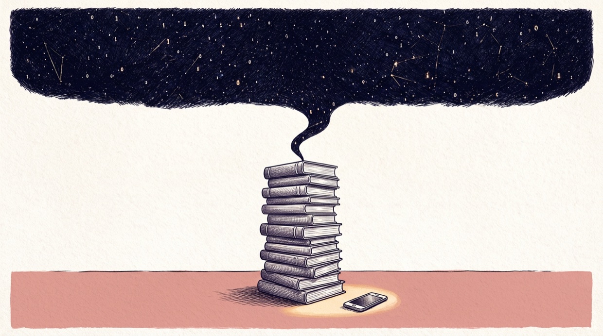 A tall stack of books with a smartphone face-down beside it, a ribbon of navy night rising from the top book