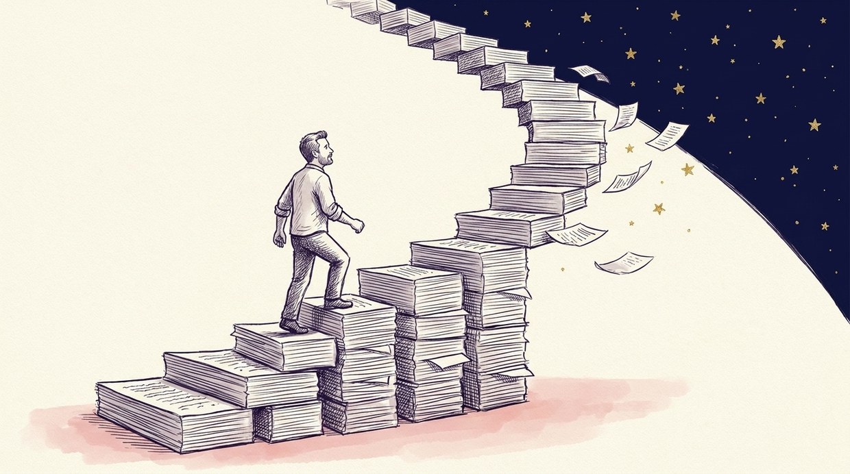 A staircase of stacked manuscript pages climbing into a navy night, a figure climbing
