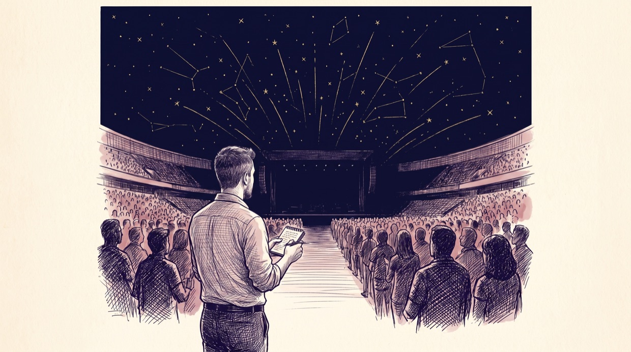 A man seen from behind in the aisle of a vast concert arena holding an open reporter's notebook, sketchy crowd silhouettes around him, gold constellation lines bursting like stage pyrotechnics in the navy dark