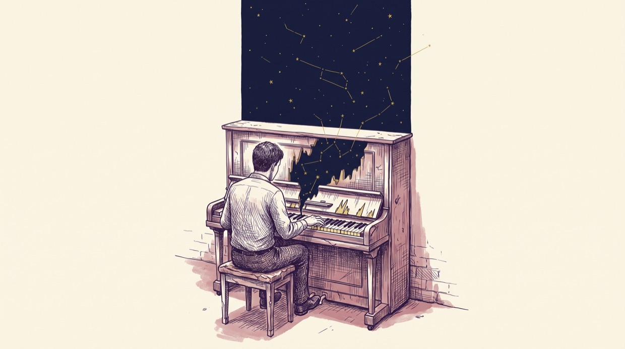 A man seen from behind at a beat-up upright piano, gold constellation lines drifting up from the keys into a navy night field