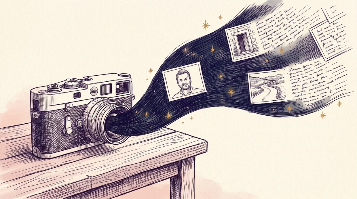 A film camera with a navy river sweeping from its lens, photographs dissolving into paragraphs