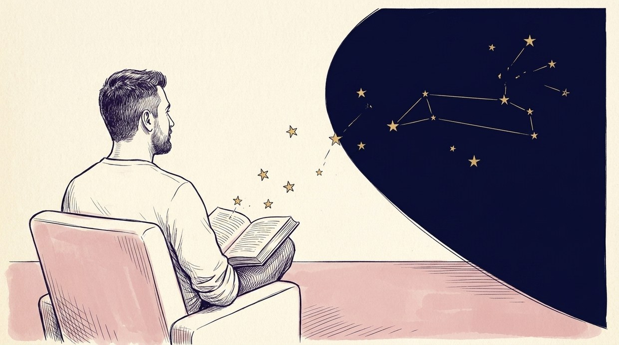A man reading in an armchair seen from behind, gold stars lifting from the book toward a navy field where a constellation is coming apart