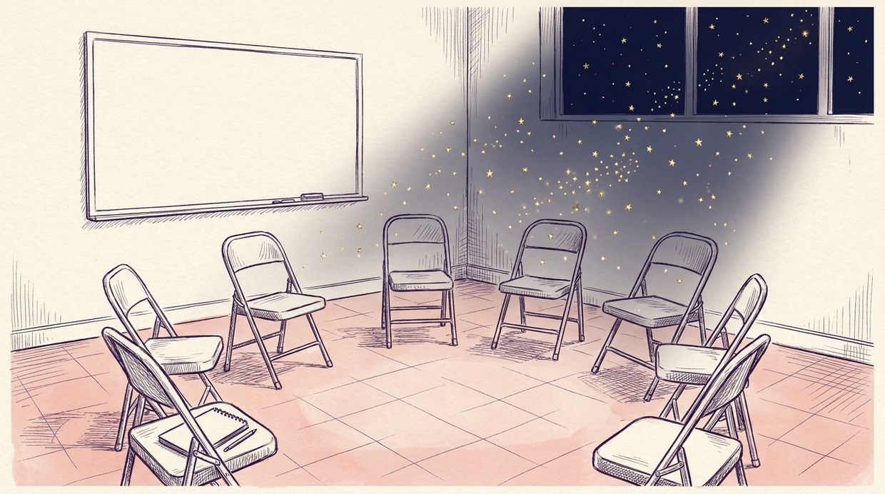 A circle of empty folding chairs in a plain room, navy night and gold stars through a high window
