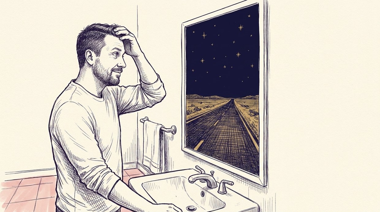 A man at a bathroom mirror checking his hairline; inside the mirror, a navy desert highway under gold stars