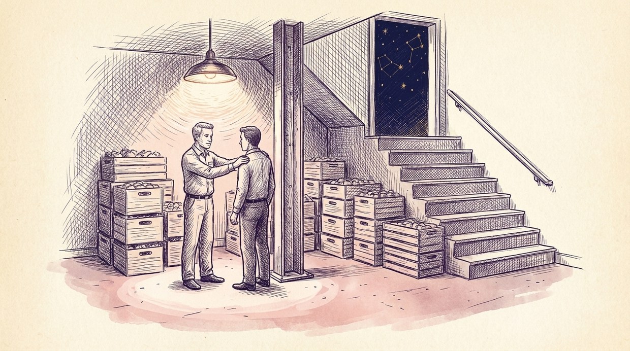 A grocery store stockroom in ink: stacked produce boxes, concrete stairs, two men in a warm pool of light