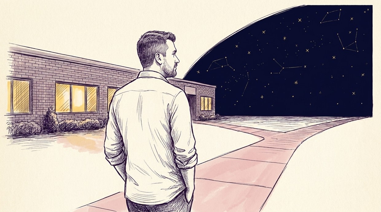 A man walking a night sidewalk, office windows glowing on one side, navy starry night on the other