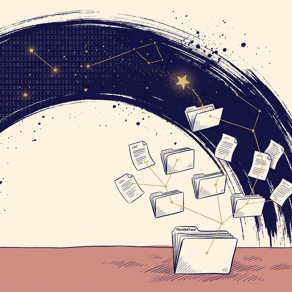 One sweeping navy ink brushstroke filled with binary and gold constellation lines, arching over a small tree of hand-drawn file folders on a clay-rose ground