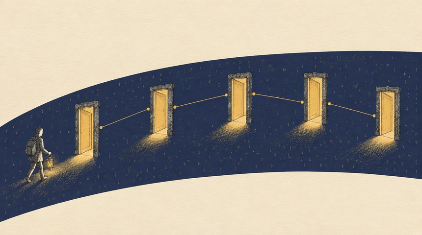 Five tall lit doorways stand in a row along one sweeping deep-navy arc of tiny gold binary digits, joined to each other by thin gold constellation lines; a small figure with a lantern walks toward the first, pen-and-ink crosshatch on cream