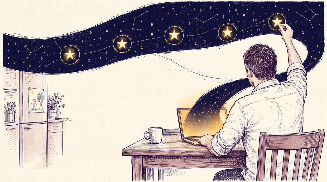A man seen from behind at a wooden kitchen table at home, a laptop open in front of him and a child's drawing on the fridge, reaching up to set the fifth gold star into a navy ink ribbon that flows out of the screen and across the top of the picture, filled with tiny stars, binary digits and gold constellation lines, pen-and-ink crosshatch on cream paper