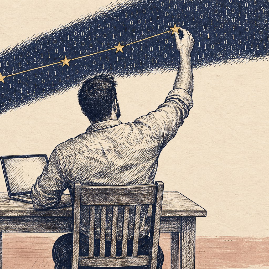 A man seen from behind at a wooden kitchen table at home, reaching up to set the fifth gold star into a navy ink ribbon that flows out of the laptop screen, pen-and-ink crosshatch on cream