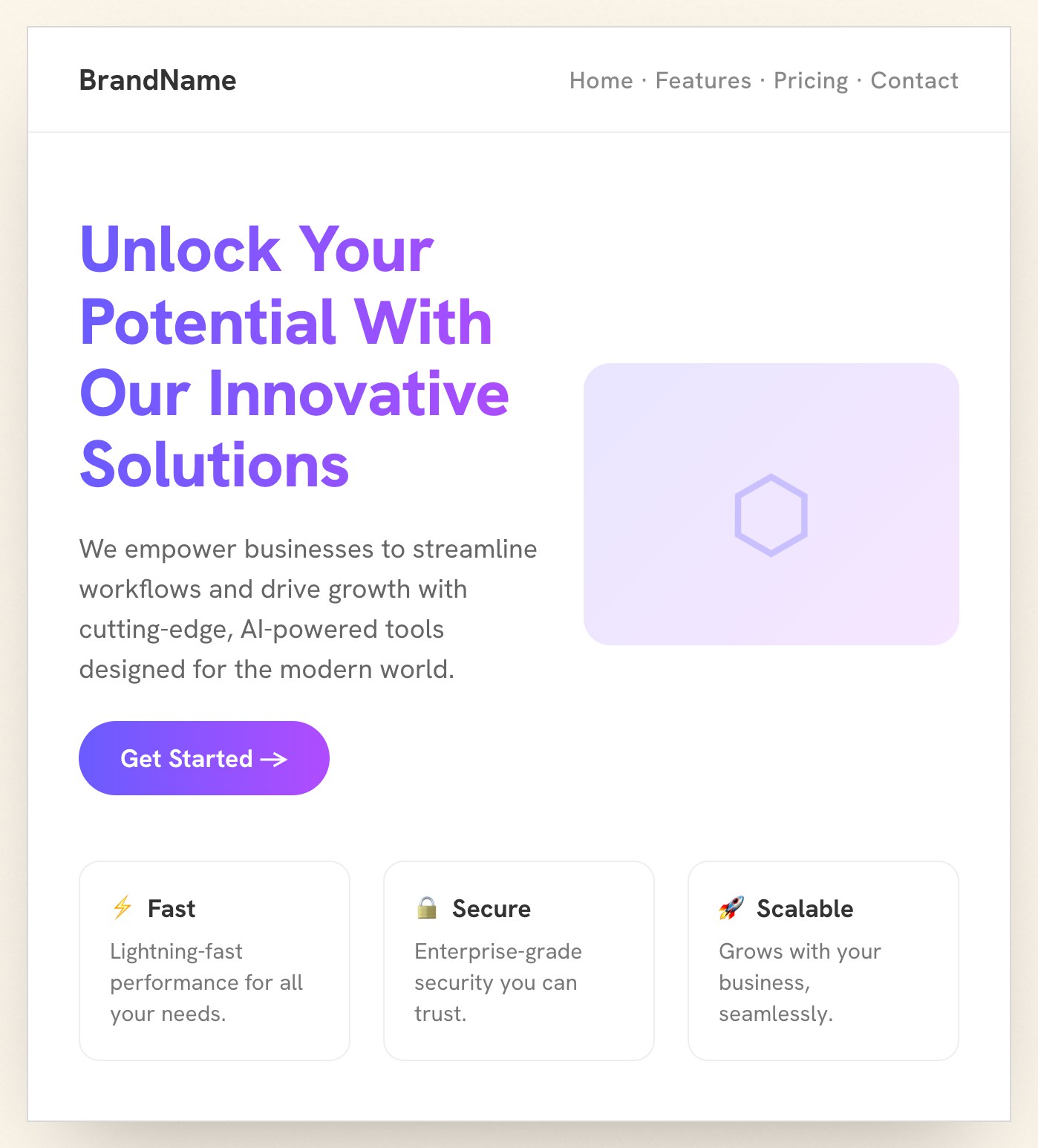 A generic AI landing page: purple headline, three feature cards, a Get Started button