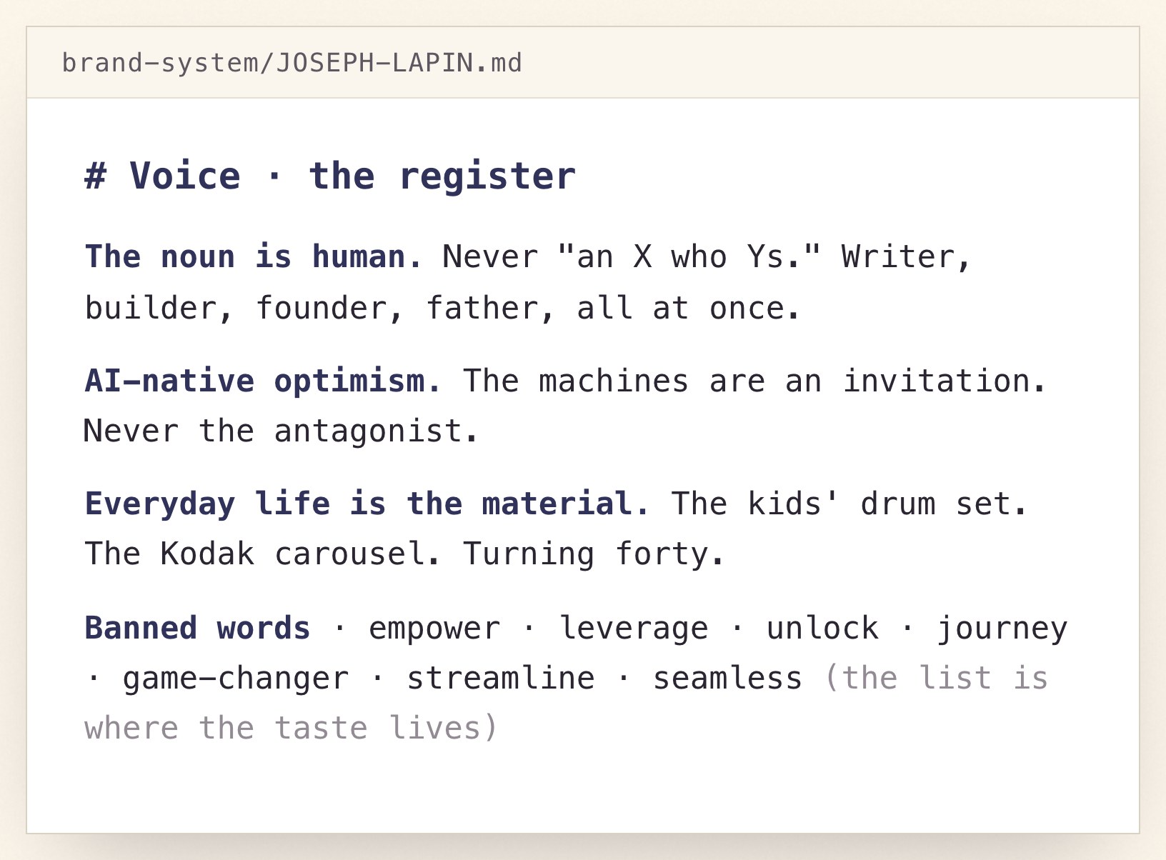 The voice register card: the noun is human, AI-native optimism, everyday life is the material, the banned words