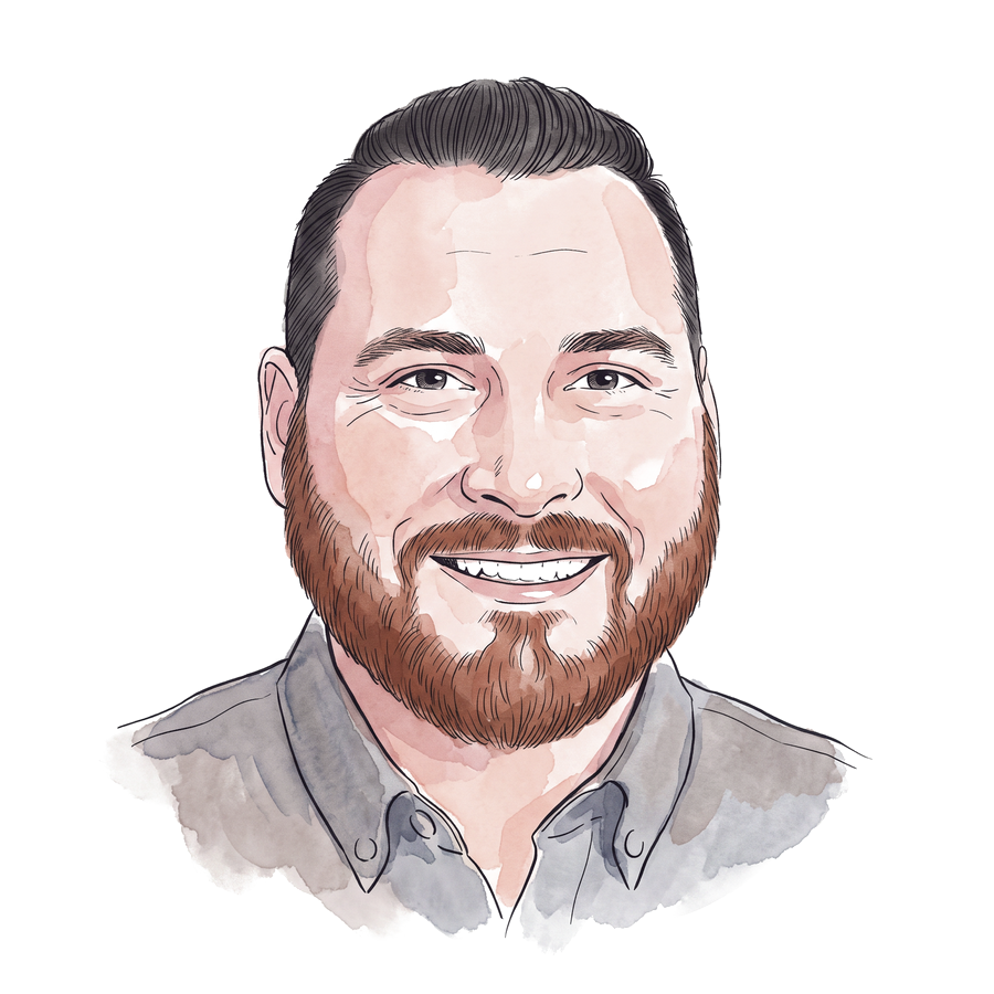 Andrew Batey, drawn in soft ink with rose watercolor washes — short dark combed hair, a full beard, a broad warm smile, a collared shirt — the washes feathering to white paper at every edge.