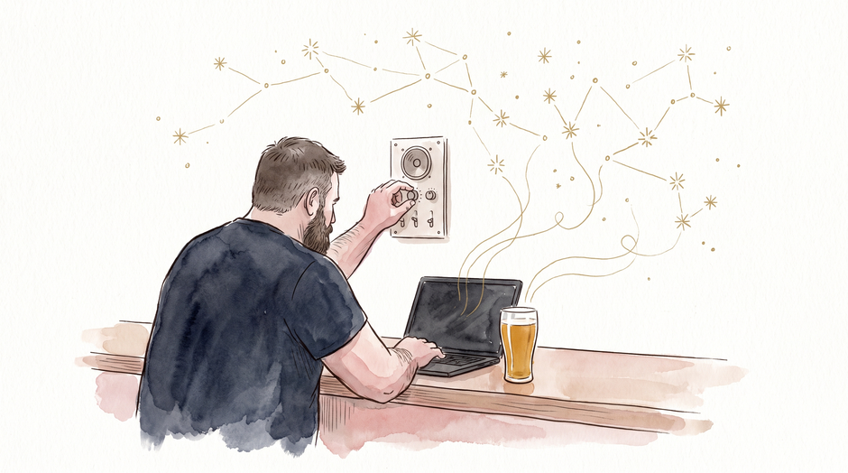 Ink illustration with soft rose washes: a bearded man seen from behind at a brewery bar, one hand on a volume knob, gold constellation lines rising from a beer glass and a laptop.