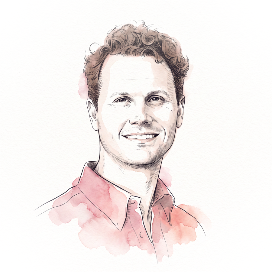 Clayton Dean, drawn in soft ink with rose watercolor washes — curly hair, a warm slight smile, an open collar — the washes feathering to white paper at every edge.