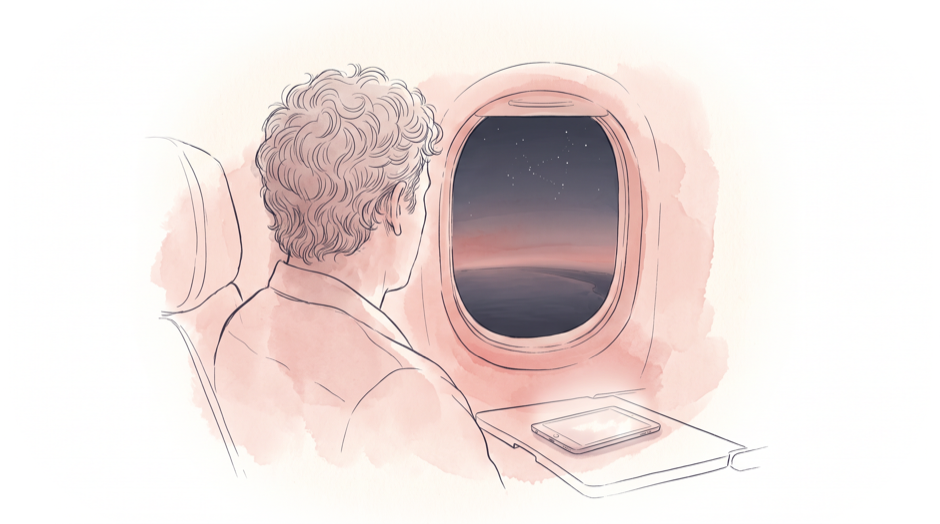 Ink illustration with soft rose washes: a father seen from behind, seated at an airplane window, looking out over the Gulf of Mexico at dusk; a faint scatter of stars forms a loose constellation in the darkening sky, and a small glowing tablet rests on his tray table.