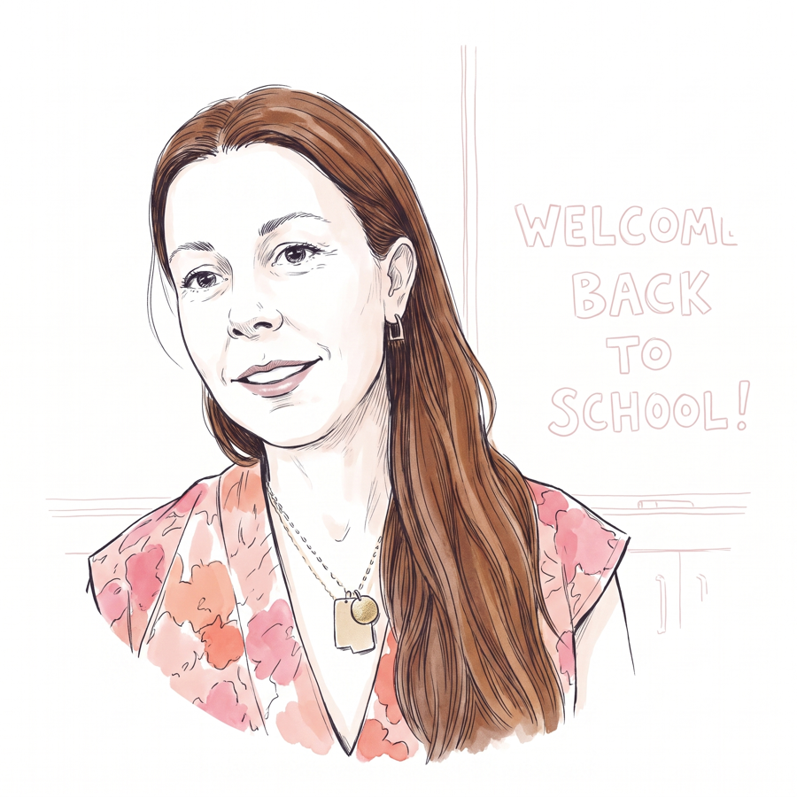 Ink portrait of Jessica Gutierrez, a high-school science teacher, in the crosshatch constellation style