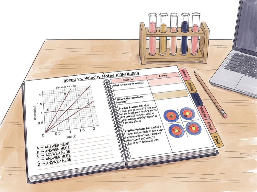 Ink illustration: a spiral-bound science notebook open on a lab table, hand-drawn graphs on its pages, colorful tabs on its edge, a rack of rainbow test tubes beside it, a laptop pushed to the edge of the frame.