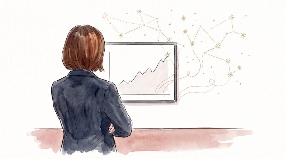 Ink illustration with soft rose washes: a woman with a chin-length bob seen from behind, arms folded, standing before a wall-mounted screen showing a line chart, gold constellation lines lifting off the screen.