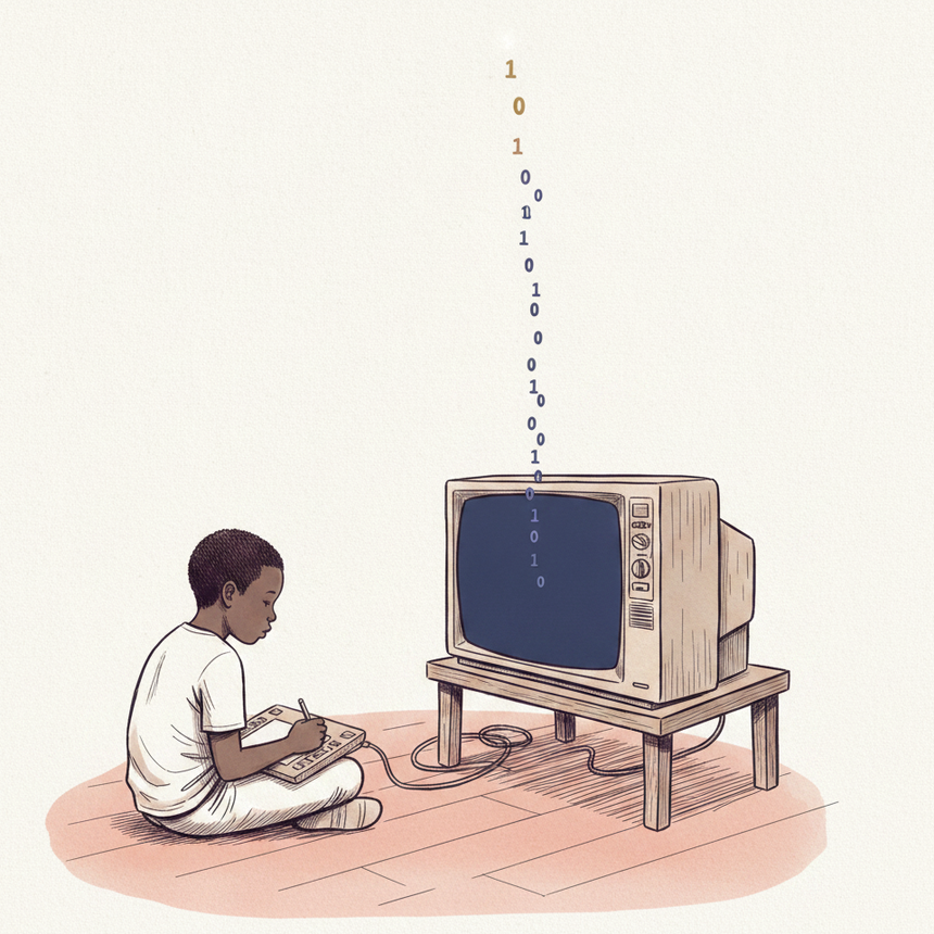 Ink illustration: a boy draws on a tablet wired to an old television; his work escapes the navy screen as binary digits.