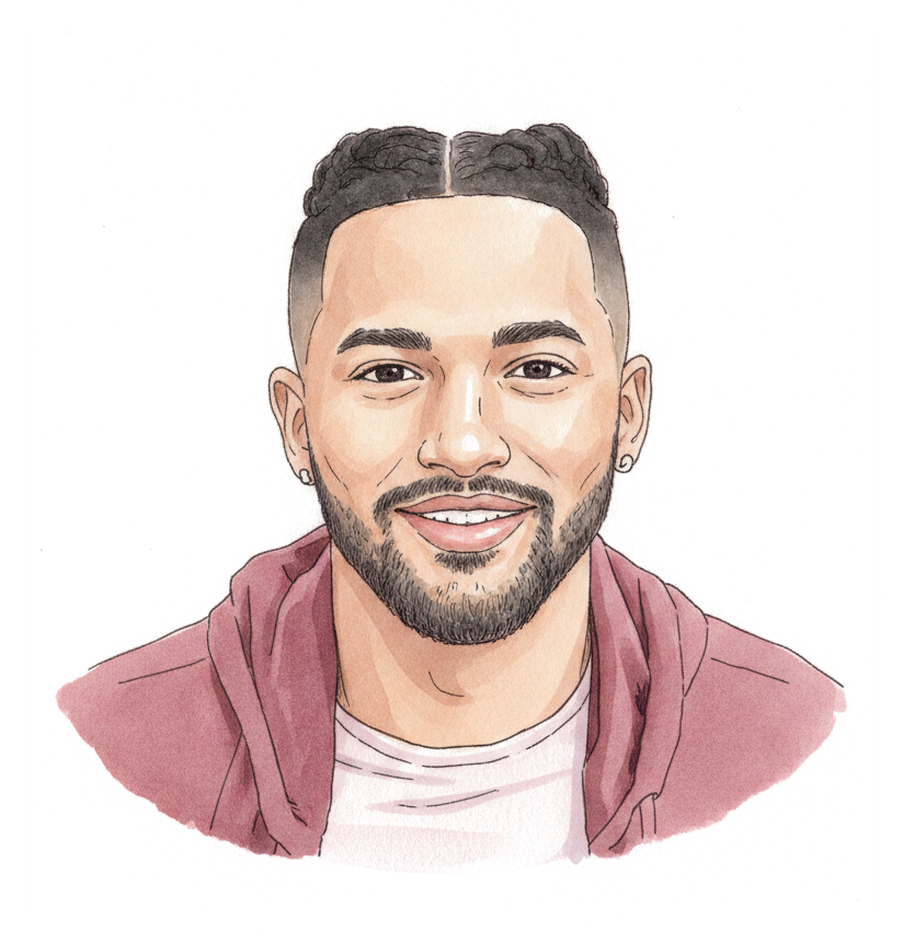 Ink portrait of Keith Marcel Woods, a product design leader, in the crosshatch constellation style