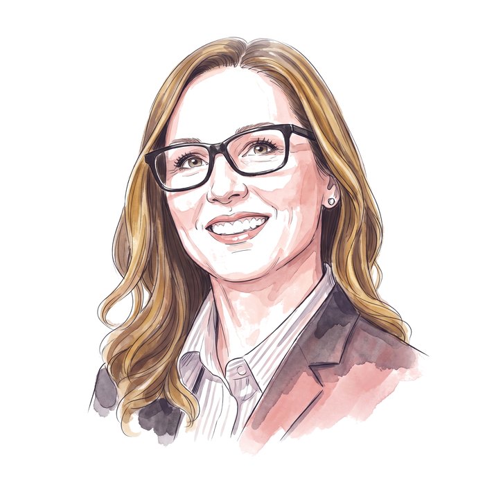 Ink portrait of Kelly Crabb in soft ink and rose washes