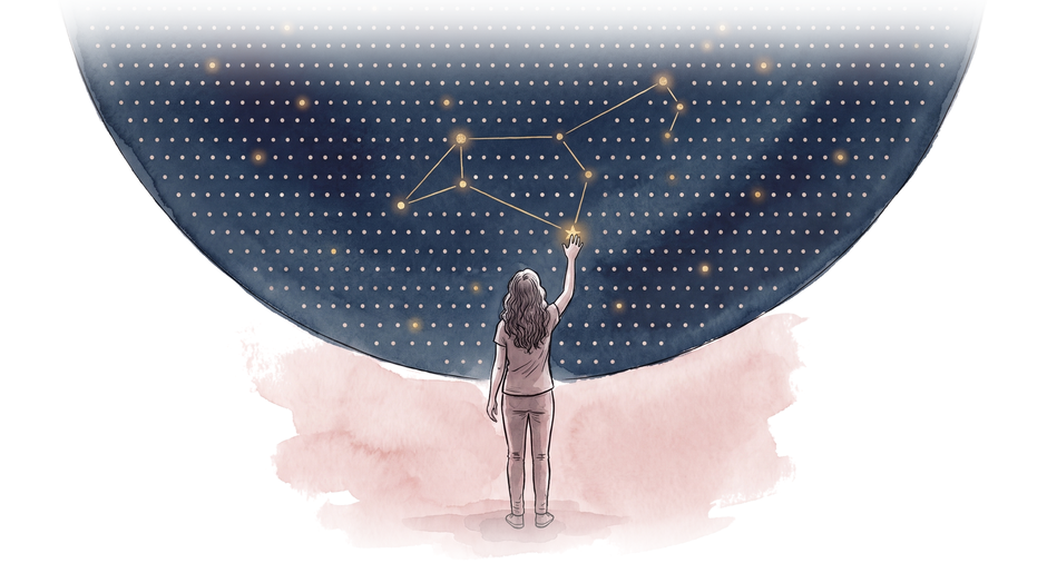 Ink illustration: a woman with long wavy hair, seen from behind, reaches up toward a deep navy sky filled with rows of small pale dots. A handful of the dots glow gold, and thin gold lines join them into a single constellation.