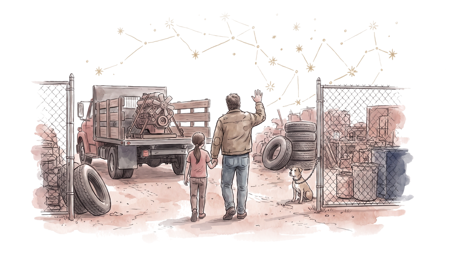 Ink illustration with soft rose and clay washes: seen from behind, a father in a work jacket and his young daughter walk hand in hand through the open gate of a truck-parts yard; he raises an arm in greeting. A flatbed truck carries a strapped-down engine, tires are stacked by the fence and a small dog sits on a chain. Gold constellation lines join stars in the sky above them.