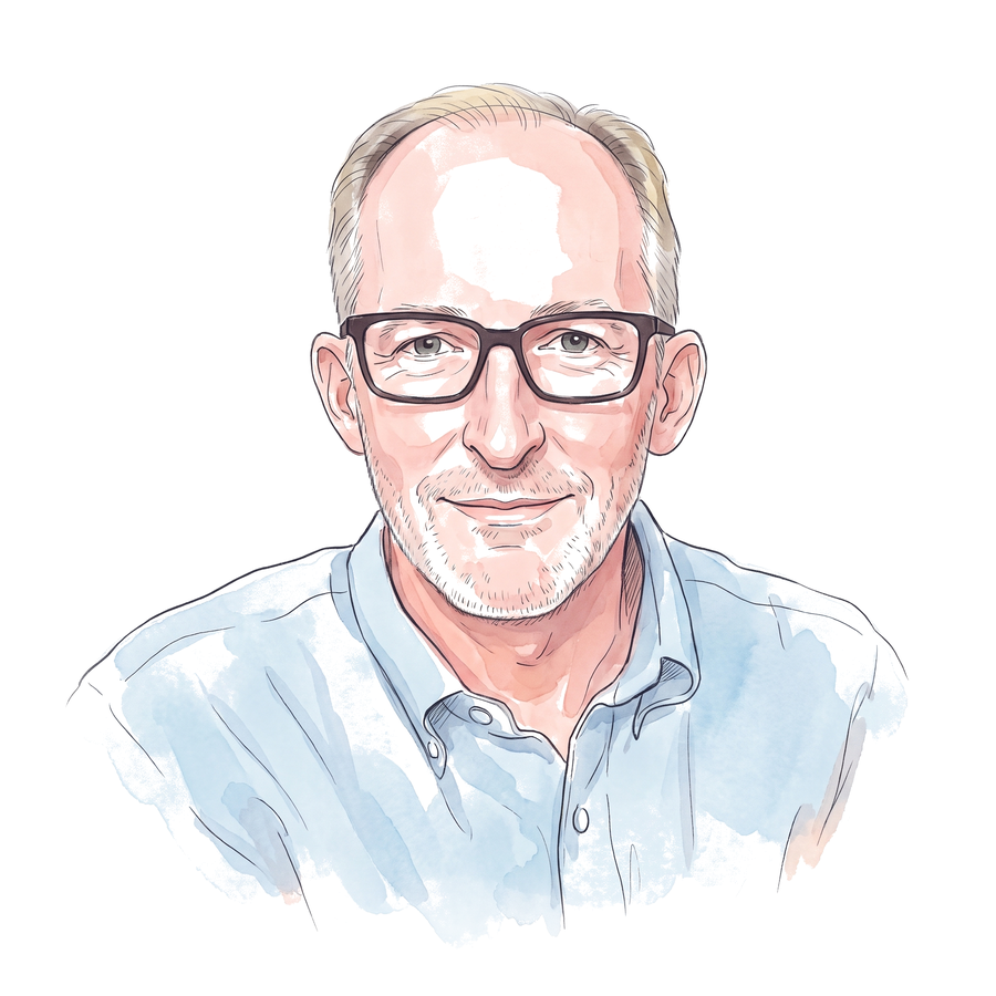 Kemi Jona, drawn in soft ink with blue and rose watercolor washes &mdash; close-cropped grey hair, dark rectangular glasses, a trimmed grey beard, a light blue open-collared shirt, a small smile &mdash; the washes feathering to white paper at every edge.
