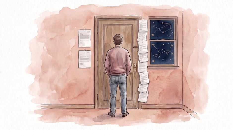 Ink illustration with soft rose washes: seen from behind, a young man in a sweater stands at the door of a small apartment. Two letters are taped to the left side of the door frame and a column of ten or so to the right, and a window shows a night sky with gold constellation lines joining the stars.
