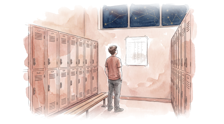 Ink illustration with soft rose washes: seen from behind, a teenager in a T-shirt stands between two rows of lockers, looking up at a printed schedule taped to the wall. High windows above show a night sky with gold constellation lines.