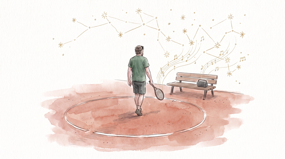 Ink illustration with soft rose and clay washes: a man in a green T-shirt, seen from behind on a red clay tennis court, dragging his racket to draw a large circle in the clay that is left open where he stands; gold constellation lines and a few gold notes rise from a small speaker on the courtside bench.
