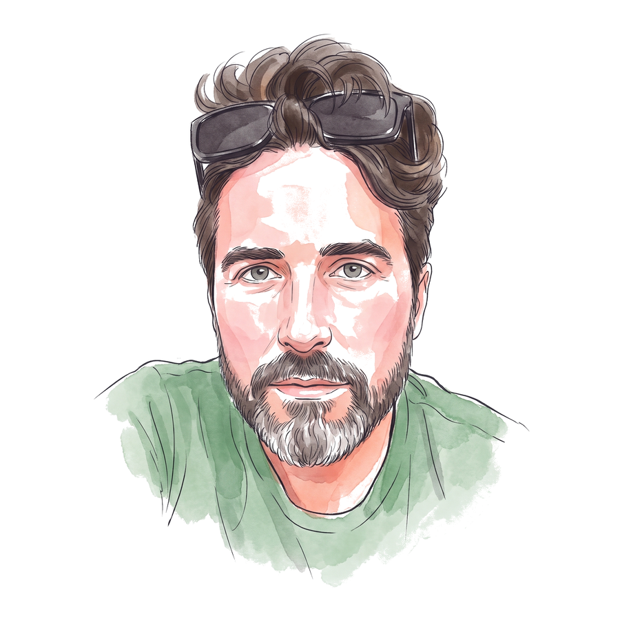 Macs Cayo, drawn in soft ink with rose watercolor washes &mdash; sunglasses pushed up into tousled dark hair, a salt-and-pepper beard, a green T-shirt, a level gaze between tennis sessions &mdash; the washes feathering to white paper at every edge.