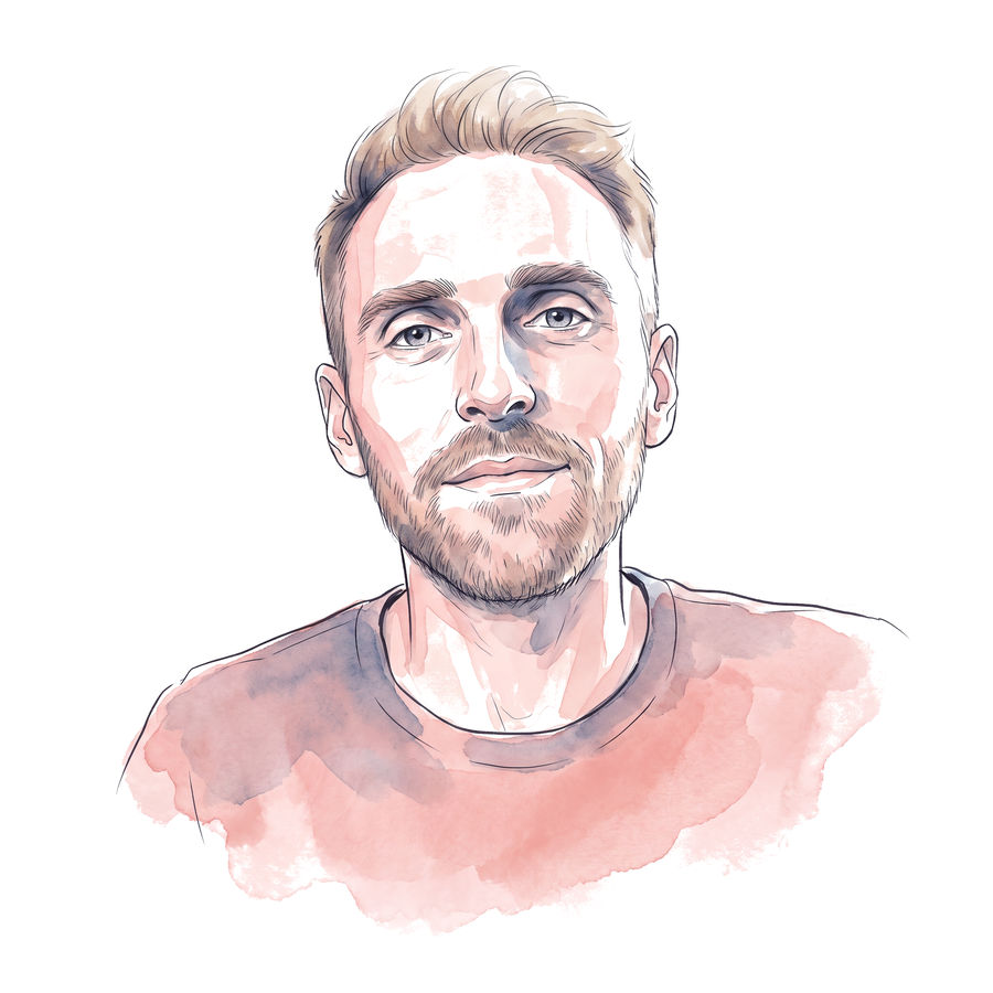 Matt McGee, drawn in soft ink with rose watercolor washes &mdash; the washes feathering to white paper at every edge.