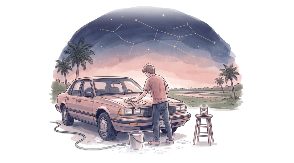 Ink illustration with rose and navy washes: a teenage boy seen from behind dries the hood of an older sedan at dawn, a bucket and hose at his feet and a tip jar on a stool beside him, palms at the edge of the frame. The sky above is one navy field with gold lines joining a few stars.