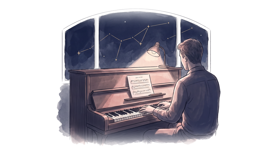 Ink illustration with rose and navy washes: a man seen from behind sits at an upright piano at night, hands on the keys, sheet music open on the stand with a pencil resting on it, a small lamp beside him. The window behind the piano is one flat navy field where gold lines join a handful of stars.